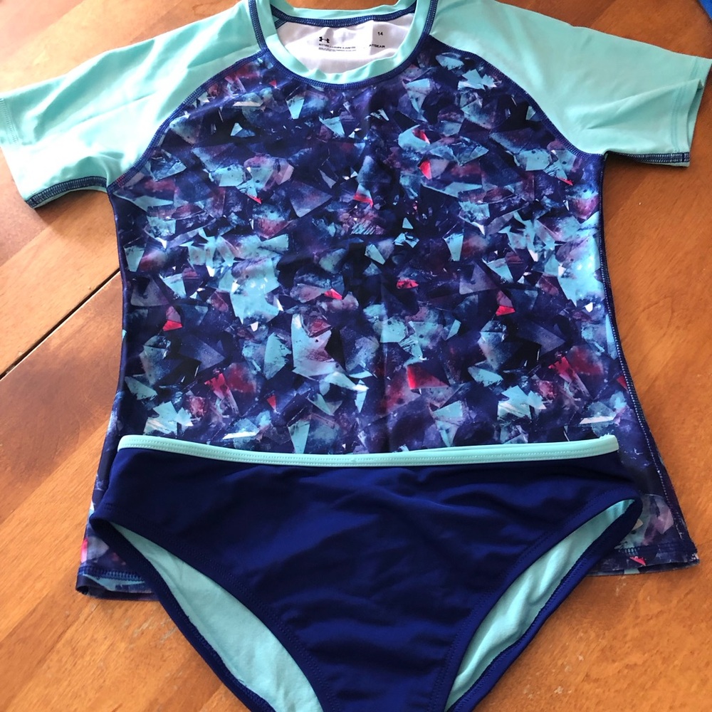Girls Under Armour 2 Piece Bathing Suit, 14, Navy Blue and Turquoise